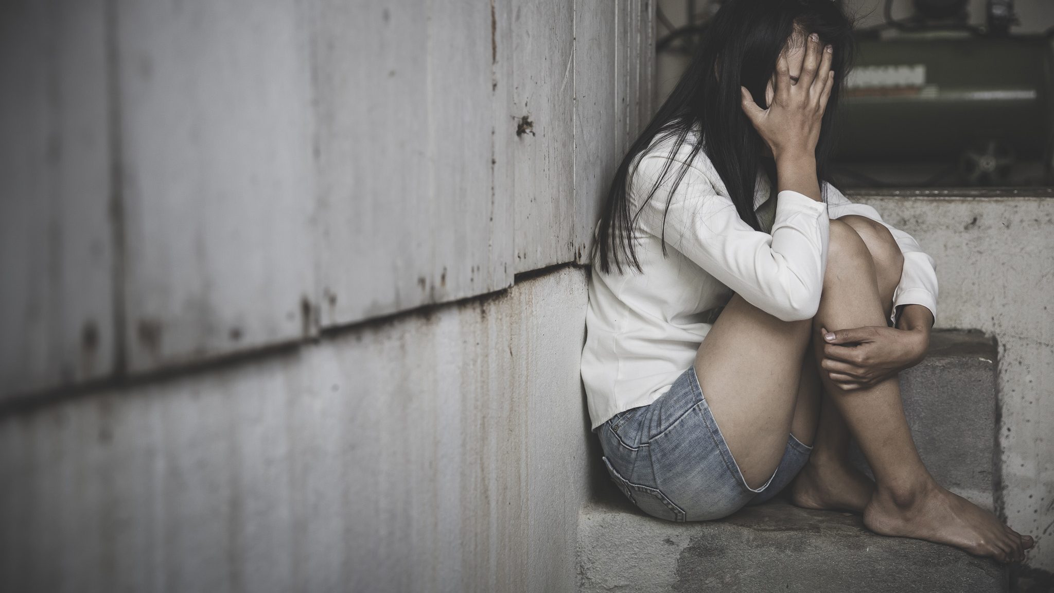 Young depressed woman, domestic violence and rape. stop abusing violence,  human trafficking, stop violence against women, Human is not a product. Stop women abuse, Human rights violations.