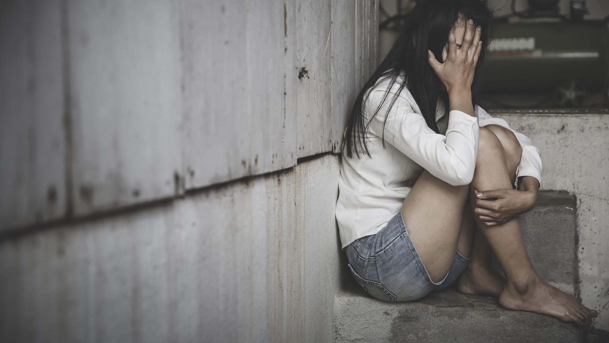 Young depressed woman, domestic violence and rape. stop abusing Young depressed woman, domestic violence and rape. stop abusing violence, human trafficking, stop violence against women, Human is not a product. Stop women abuse, Human rights violations.
